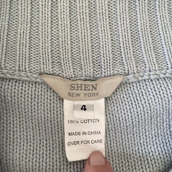 SHEN NY Ribbed Collar Cotton Cardigan Sweater Soft Blue Front Pockets Size 4 - Picture 4 of 8
